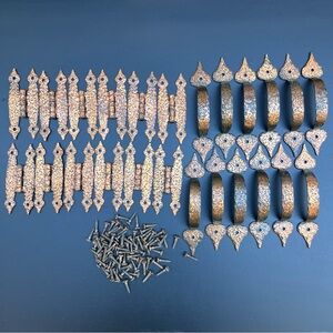 Vintage Copper Cabinet Hardware - 12 Hinges and Handles, 79 Screws